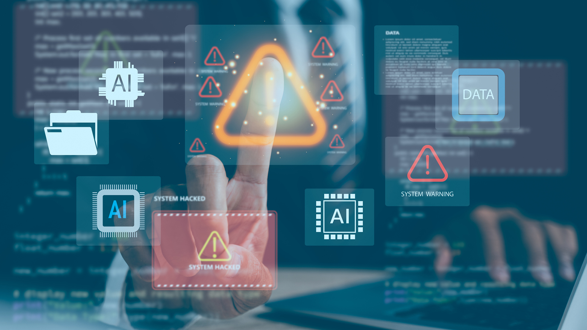 Cybersecurity warning alert displayed on a laptop with AI and data icons, illustrating artificial intelligence risks, malware threats, data breaches, and digital protection in modern technology