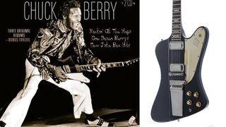The cover of a Chuck Berry triple album (left), a 1964 Gibson Firebird Berry used onstage
