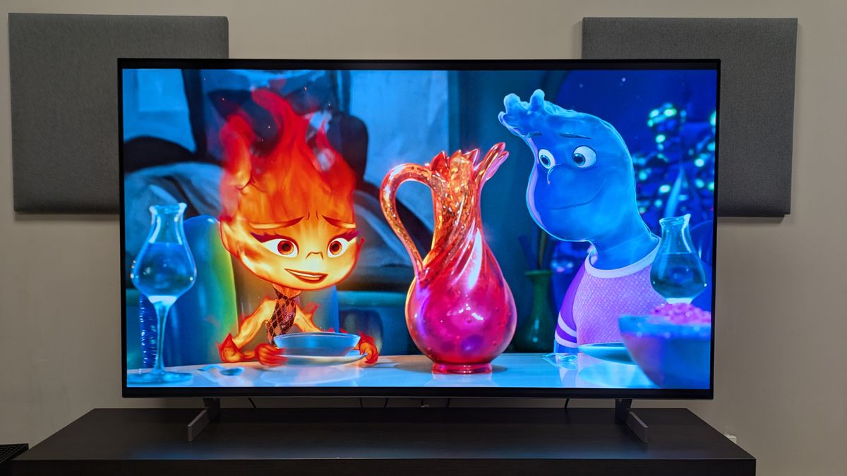 LG B6 OLED TV with Ember and Wade from Elemental on screen. The B6's colors are bold and punchy, shown by the bright oranges and reds of Ember