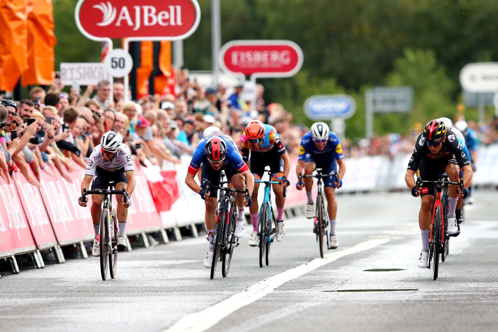 GATESHEAD ENGLAND SEPTEMBER 10 LR Julian Alaphilippe of France and Team Deceuninck QuickStep Ethan Hayter of United Kingdom and Team INEOS Grenadiers blue leader jersey and Wout Van Aert of Belgium and Team Jumbo Visma sprint to win during the 17th Tour of Britain 2021 Stage 6 a 198km stage from Carlisle to Gateshead TourofBritain TourofBritain on September 10 2021 in Gateshead England Photo by Alex LiveseyGetty Images