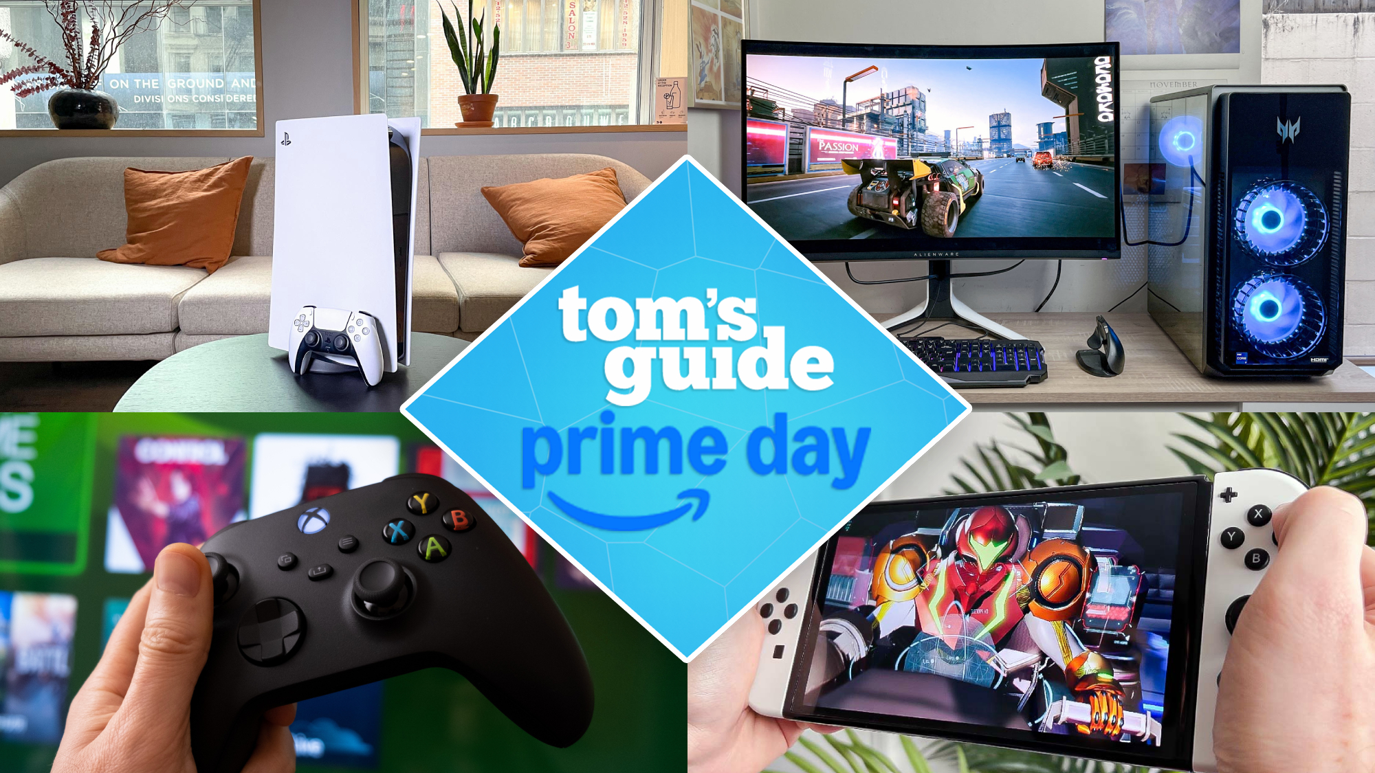 PS5, Xbox Series X, Nintendo Switch and gaming PC with Tom's Guide Prime Day tag superimposed