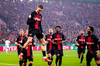 Florian Wirtz of Bayer 04 Leverkusen celebrates after scoring his team's fourth goal during the DFB cup semifinal match between Bayer 04 Leverkusen and Fortuna Düsseldorf at BayArena on April 3, 2024 in Leverkusen, Germany.(Photo by Rene Nijhuis/MB Media/Getty Images)