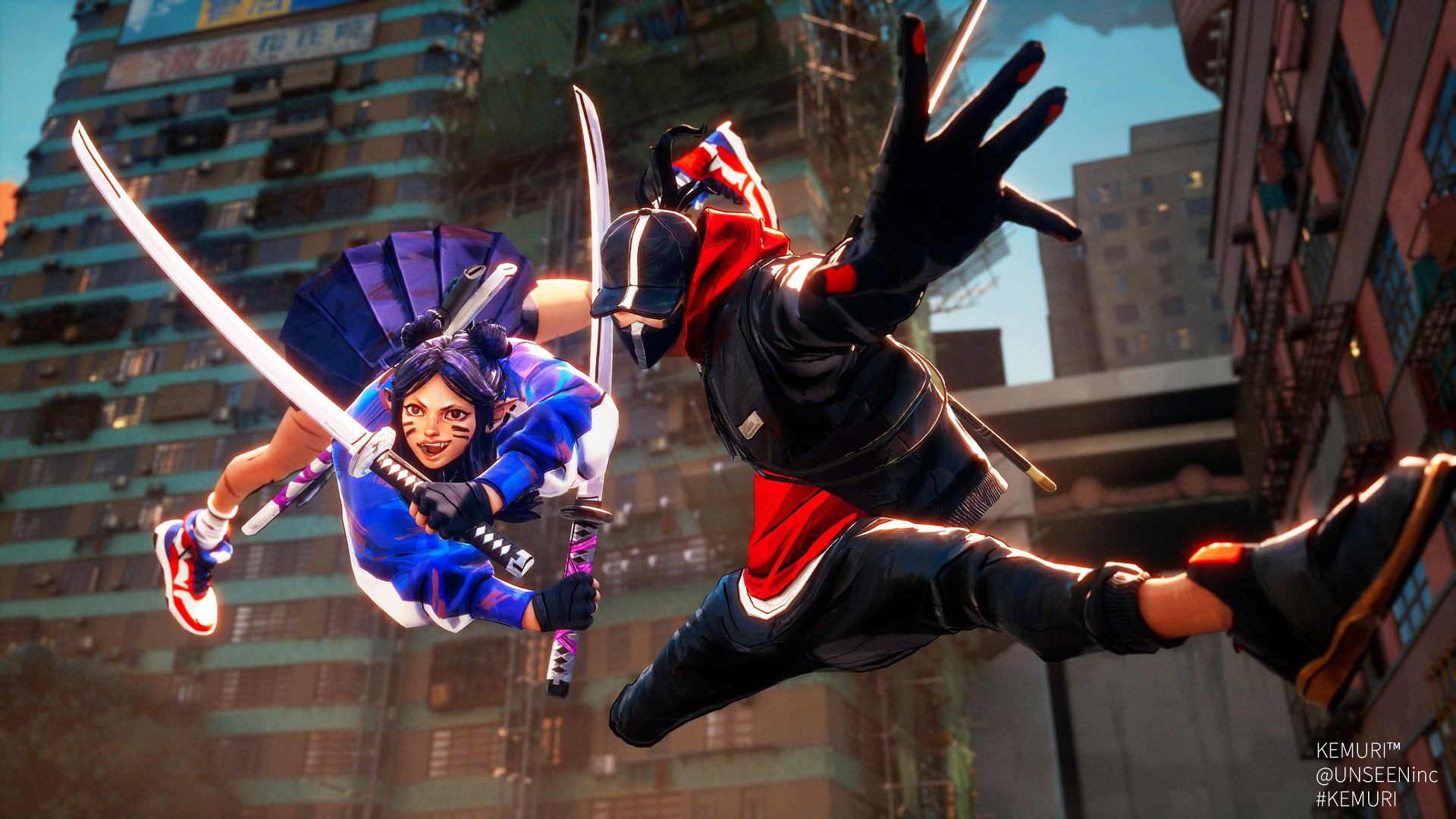 Two yokai hunters in action game Kemuri