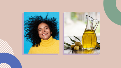woman smiling and bottle of olive oil on pink background