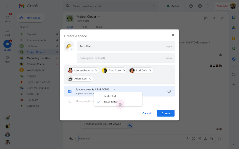 Google Chat spaces share