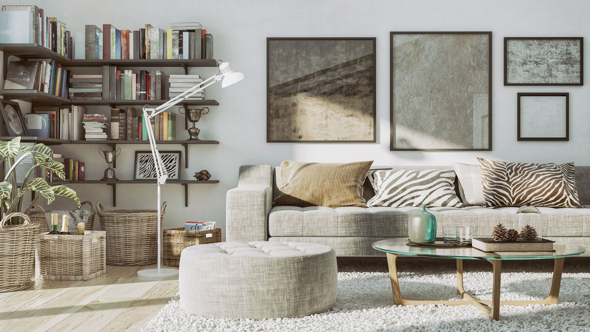 living room with decluttered, organised bookshelf and a big beige sofa