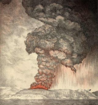 A lithograph showing the 1883 Krakatoa volcanic eruption that ultimately caused at least 36,000 deaths and a volcanic winter.