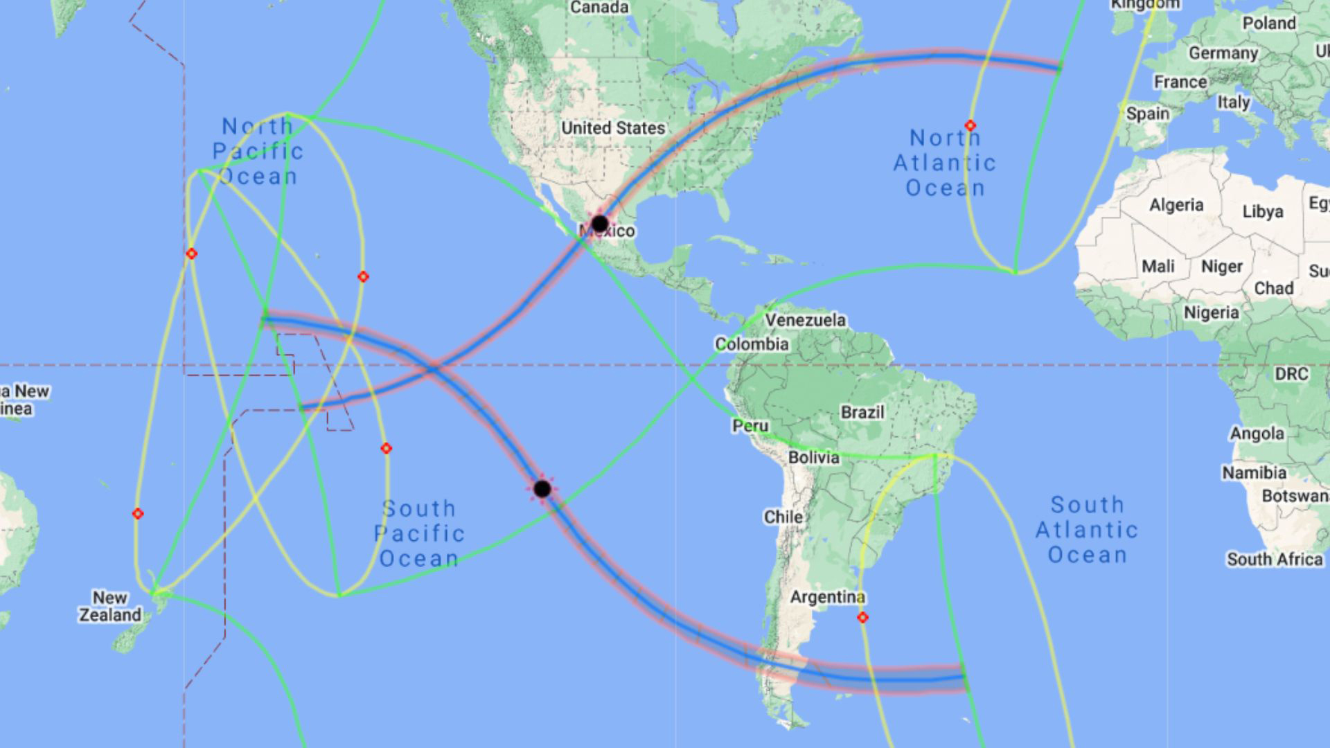 The paths of 2024's two central solar eclipses cross on the equator, reflecting that they occur almost six months apart when Earth is tilted differently.