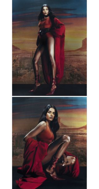 Simone Ashley poses in front of a desert landscape backdrop wearing an orange bodysuit styled with a red cape jacket and ribbon lace-up heels.