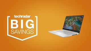 HP 14s laptop on orange background next to techradar big savings badge
