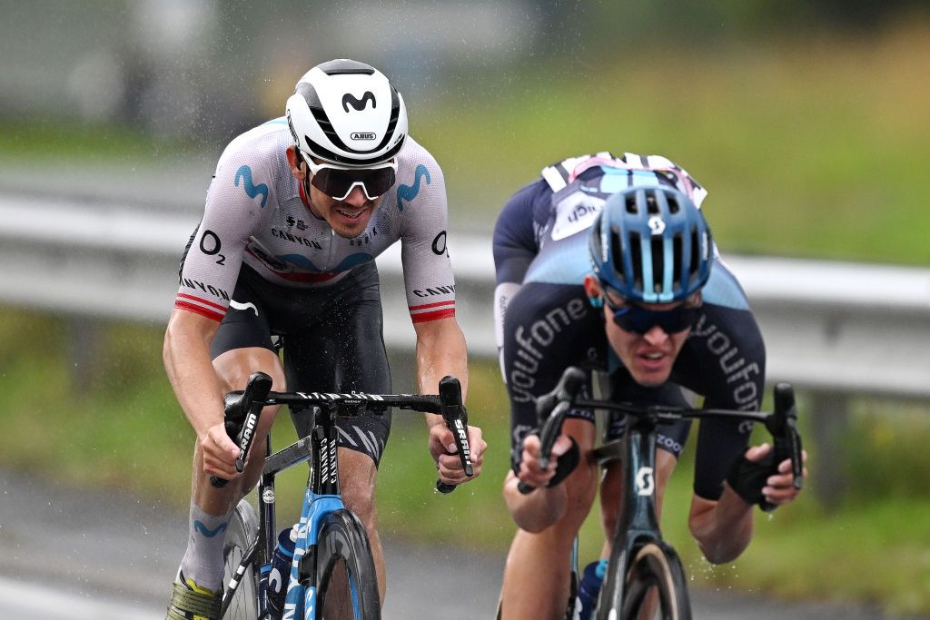 WINTERBERG GERMANY AUGUST 25 LR Gregor Mhlberger of Austria and Movistar Team and Florian Stork of Germany and Team dsm firmenich compete in the breakaway during the 38th Deutschland Tour 2023 Stage 2 a 2013km stage from Kassel to Winterberg 629m on August 25 2023 in Winterberg Germany Photo by Christian KasparBartkeGetty Images