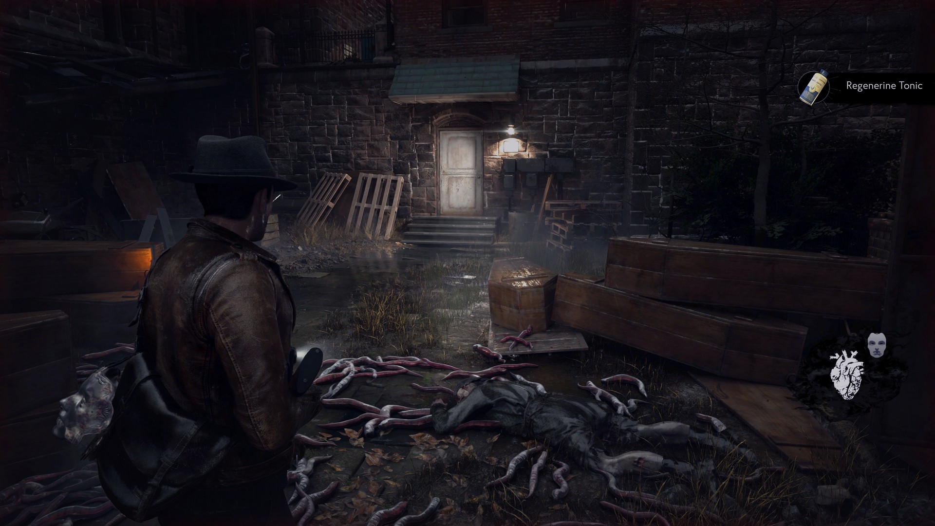 The hospital grounds are covered with Slither, standing between Calvin and the door inside, in The Sinking City 2