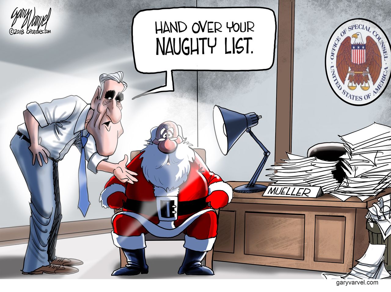 Political cartoon U.S. Robert Mueller Trump Russia probe Santa naughty list special counsel