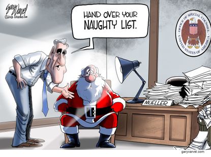 Political cartoon U.S. Robert Mueller Trump Russia probe Santa naughty list special counsel