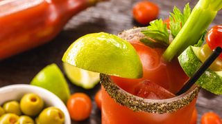 Bloody Mary cocktail with garnish in glass, surrounded by ingredients