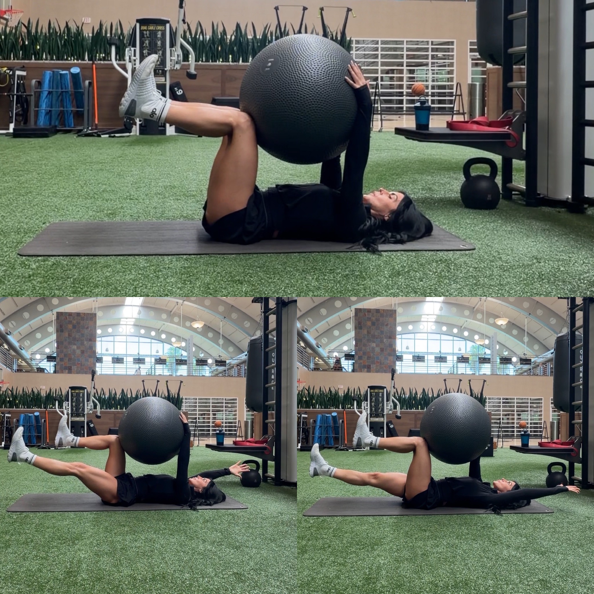personal trainer on a yoga mat doing a dead bug exercise using a stability ball