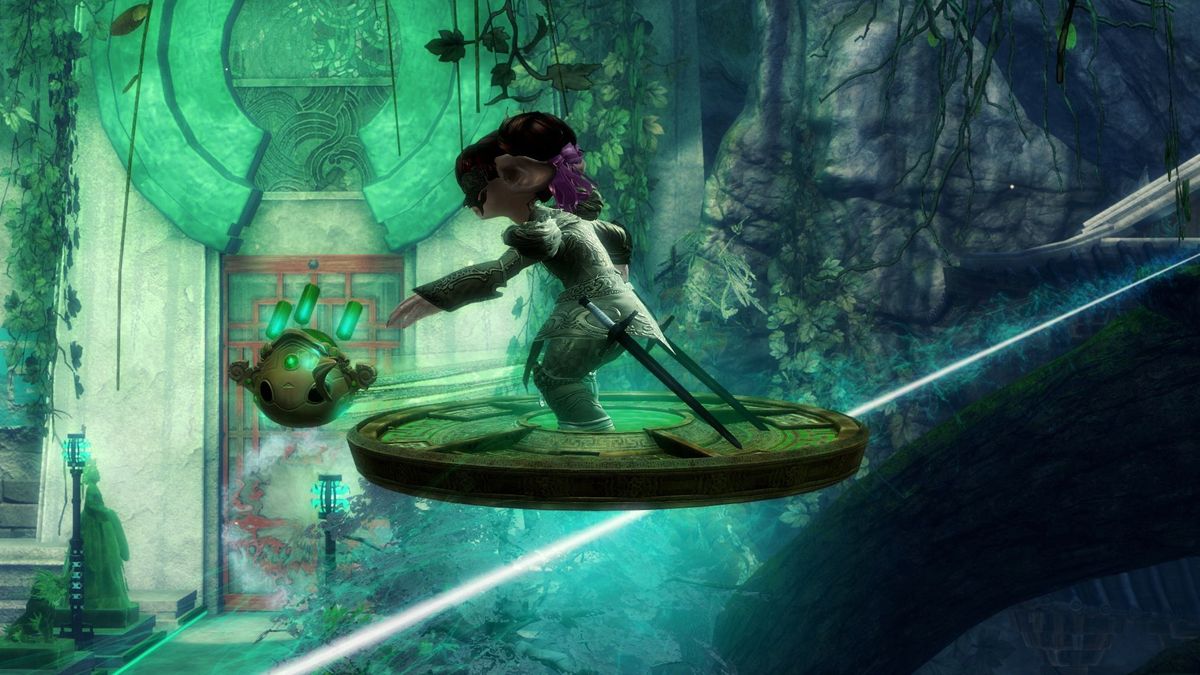 An Asura riding a Jade Bot&#039;s zipline.