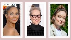 Jennifer Lopez, Meryl Streep and Olivia Wilde pictured with updos for short hair/ in a dusky pink template