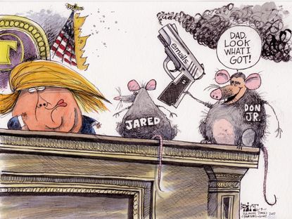 Political cartoon U.S. Trump Jr. Kushner Russia investigation emails smoking gun