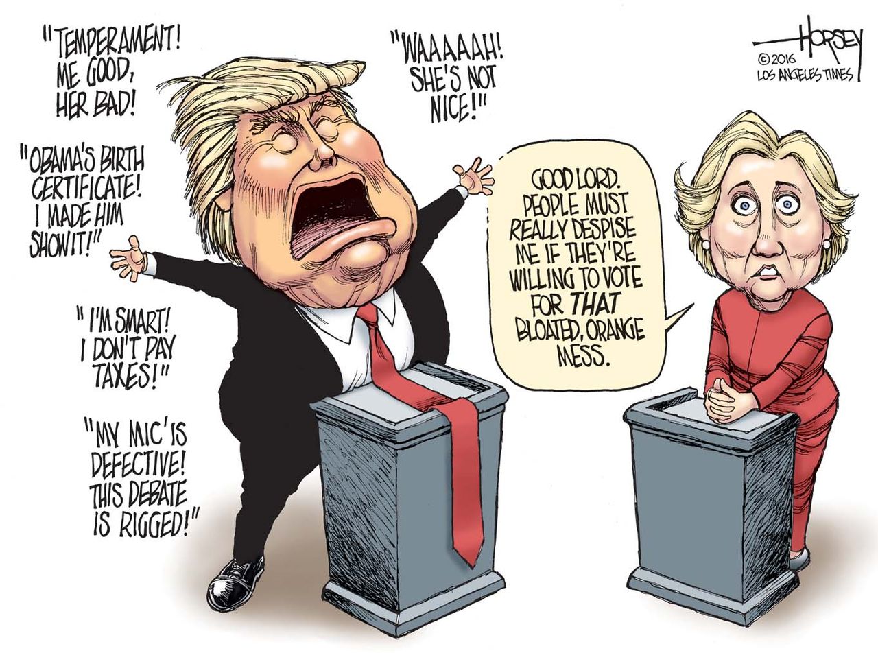 Political cartoon U.S. 2016 election Donald Trump Hillary Clinton first debate shouting