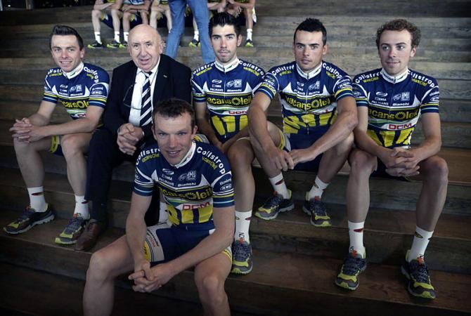 Kris Boeckmans, Hilaire Van der Schuren, Thomas de Gendt, Bjorn Leukemans, Willem Wauters and Frederik Veuchelen at the Vacansoleil-DCM presentation.