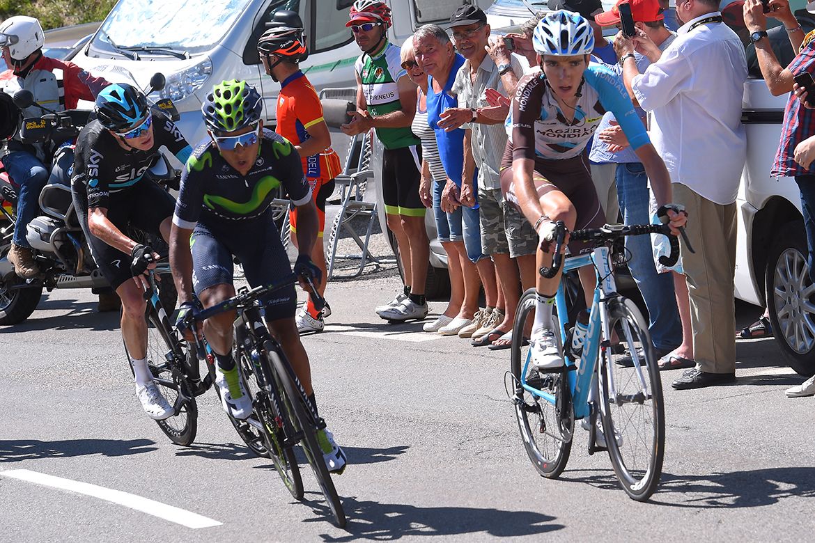 Nairo Quintana (Movistar) counters a move by Romain Bardet