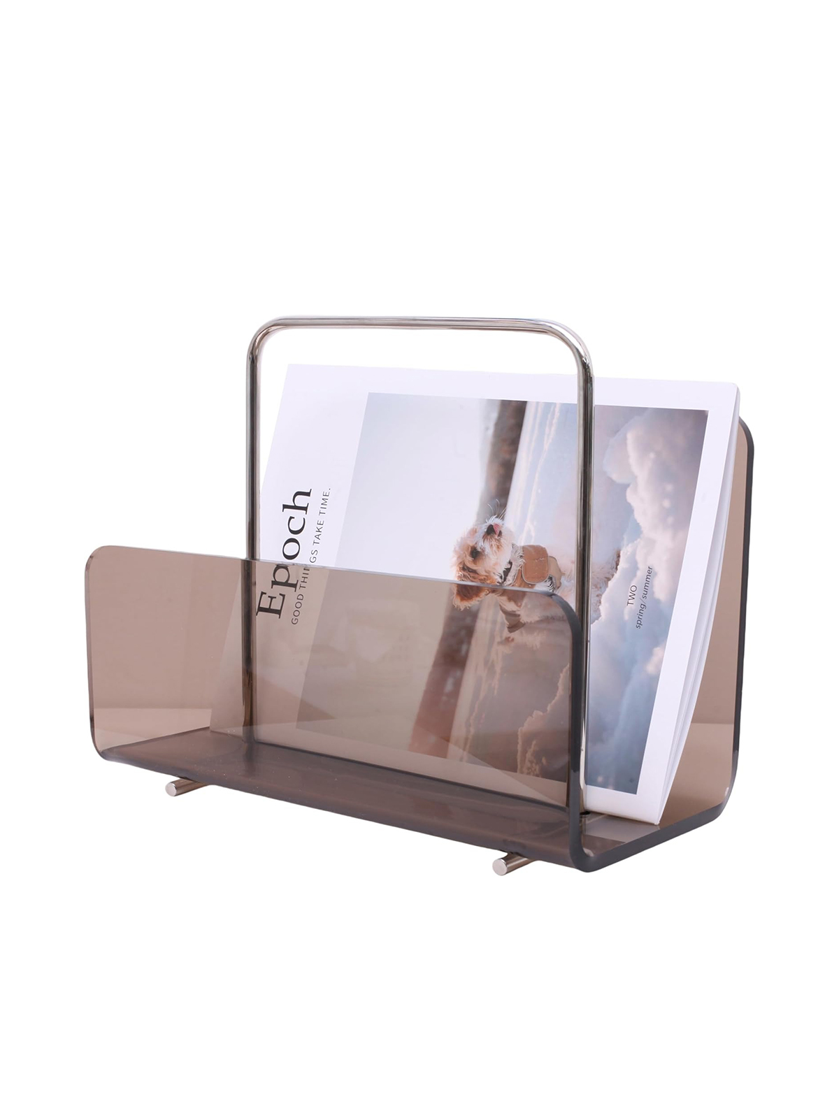 Brilliant Choice Magazine Holder, Brown Clear Acrylic With Stainless Steel Handle, Tabletop Display Stand