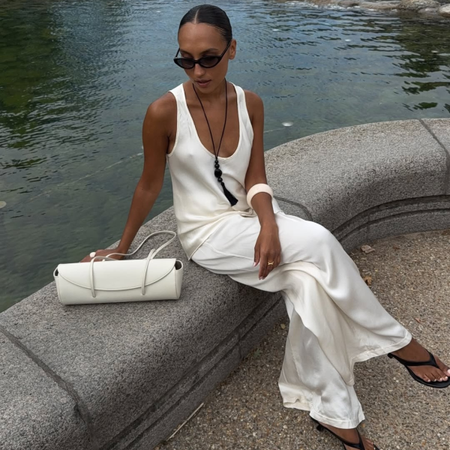 Ingrid in white silk matching set and baguette bag