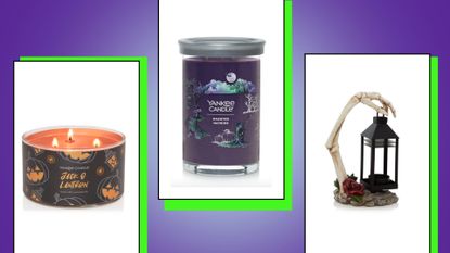 Yankee Candle Halloween 2022 collection two candles and a skeleton hand candle holder on a purple and green background