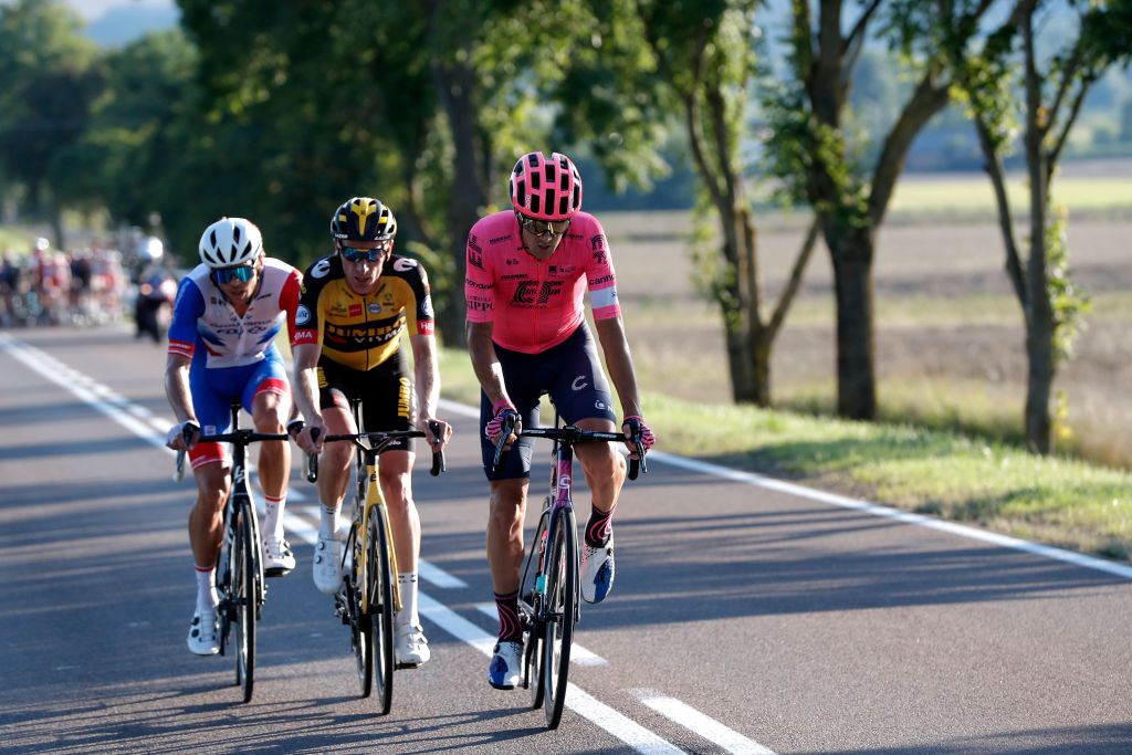 CHELM POLAND AUGUST 09 LR Antoine Duchesne of Canada and Team Groupama FDJ Jos Van Emden of The Netherlands and Team JumboVisma Thomas Scully of New Zealand and Team EF Education Nippo in the Breakaway during the 78th Tour de Pologne 2021 Stage 1 a 216km stage from Lublin to Chem 212m TourdePologne TDP2021 UCIWT on August 09 2021 in Chelm Poland Photo by Bas CzerwinskiGetty Images