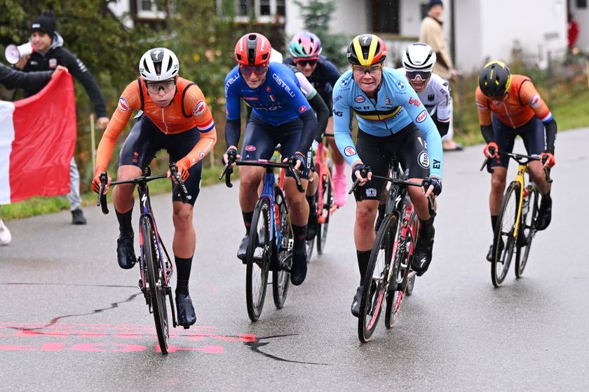 ZURICH, SWITZERLAND - SEPTEMBER 28: (L-R) Demi Vollering of Team Netherlands, Elisa Longo Borghini of Team Italy and Lotte Kopecky of Team Belgium compete in the breakaway during the 97th UCI Cycling World Championships Zurich 2024, Women&#039;s Elite Road Race a 154.1km one day race from Uster to Zurich on September 28, 2024 in Zurich, Switzerland. (Photo by Tim de Waele/Getty Images)