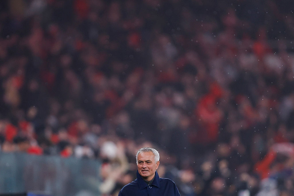 Benfica's Portuguese coach Jose Mourinho gestures during the UEFA Champions League league phase day 8 football match between SL Benfica and Real Madrid CF at Estadio da Luz in Lisbon on January 28, 2026