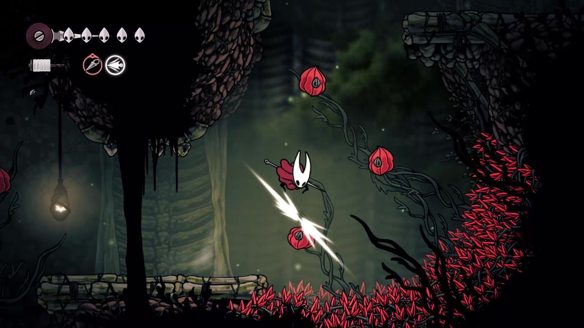 Hornet strikes at a red flow bud beneath her in Hollow Knight: Silksong in Hunter's March