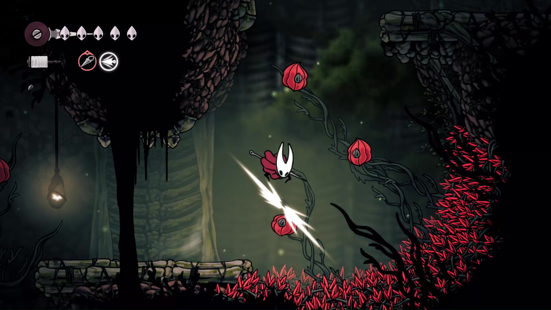 Hornet strikes at a red flow bud beneath her in Hollow Knight: Silksong in Hunter&#039;s March