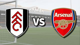 The Fulham and Arsenal club badges on top of a photo of Craven Cottage in London, England