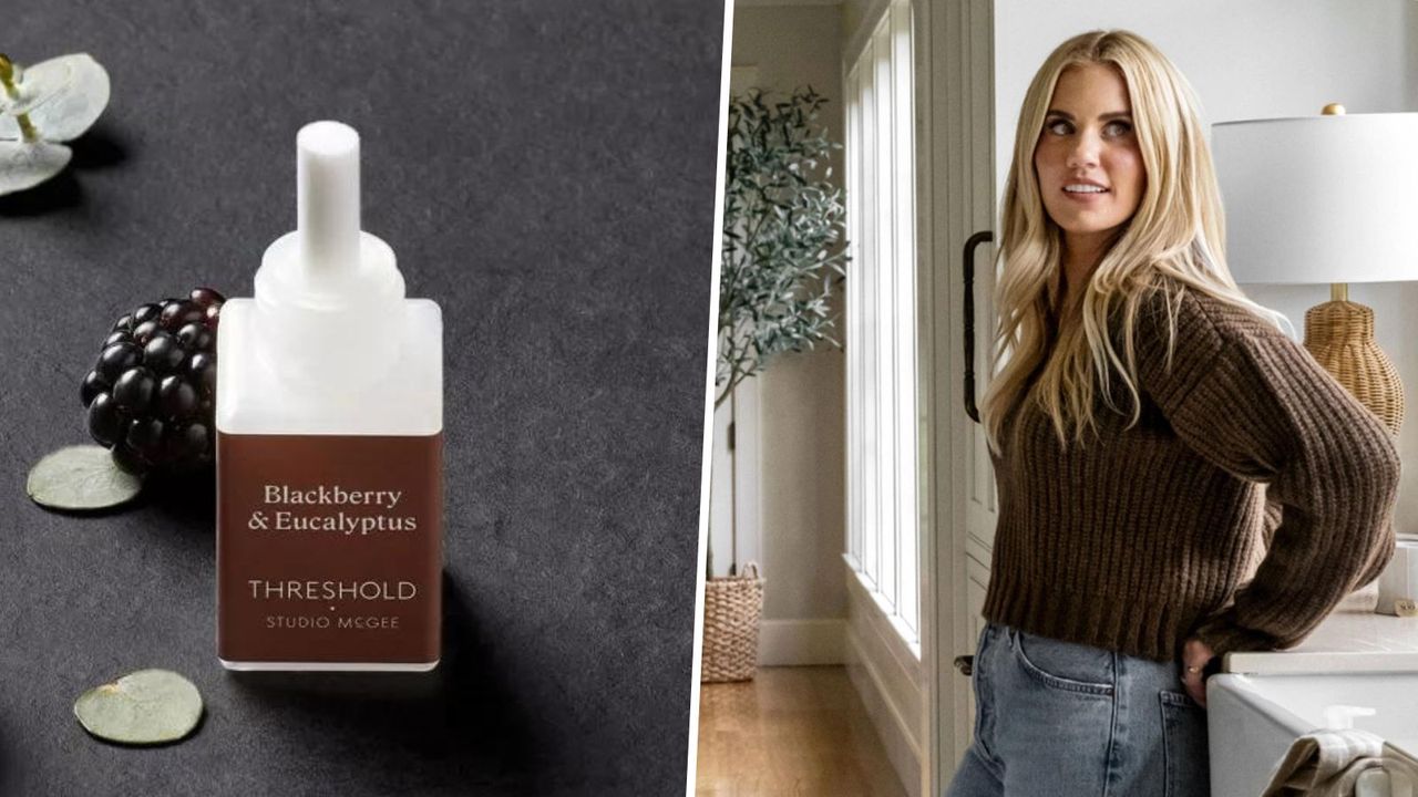 An image of Shea McGee leaning against a kitchen countertop next to an image of her Blackberry and Eucalyptus Pura product