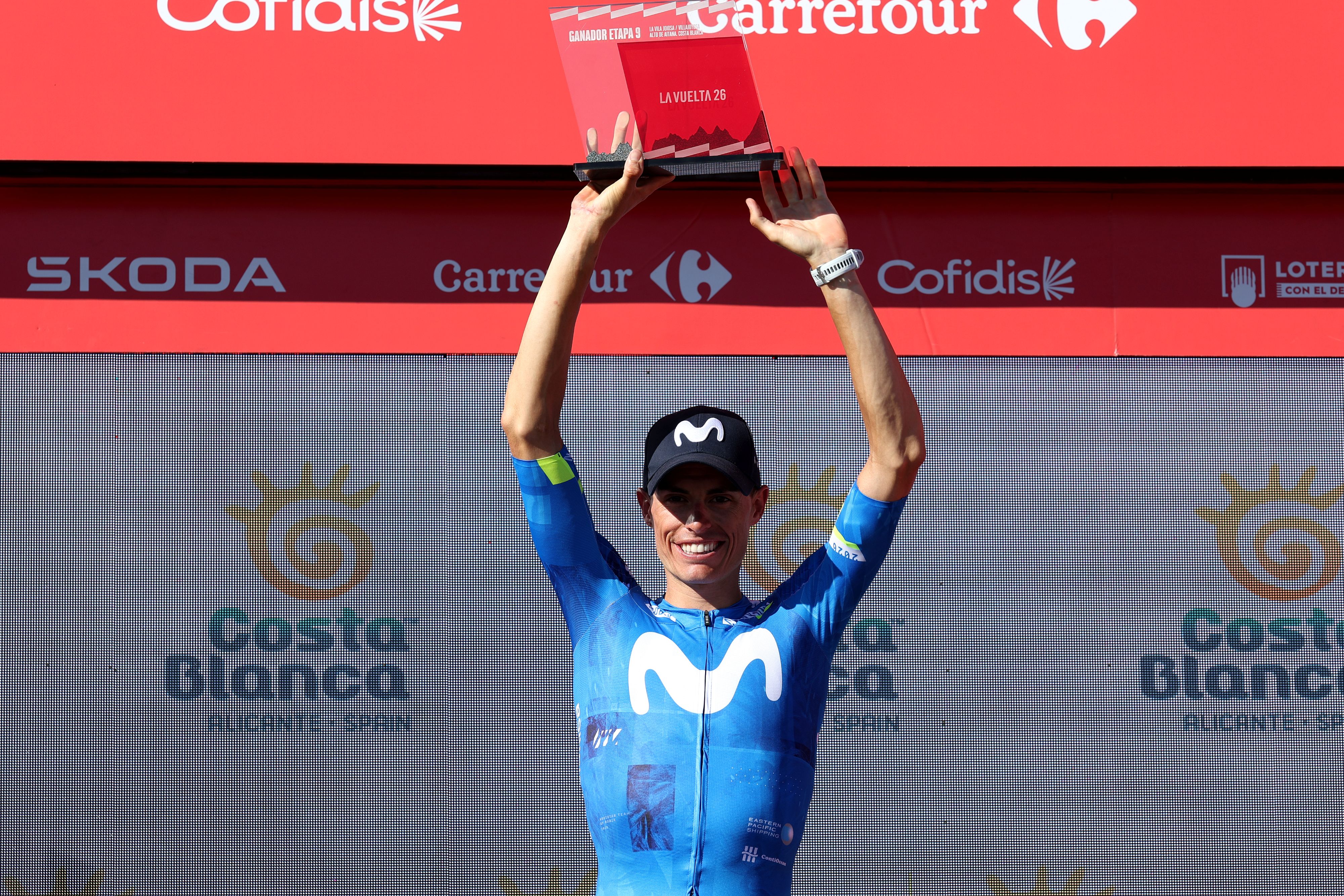 ALTO DE AITANA, SPAIN - AUGUST 30: Enric Mas of Spain and Movistar Team celebrates at podium as stage winner during the La Vuelta - 81st Tour of Spain 2026, Stage 9 a 187.4km stage from Villajoyosa to Alto de Aitana 1544m / #UCIWT / on August 30, 2026 in Alto de Aitana, Spain. (Photo by Alexander Hassenstein/Getty Images)