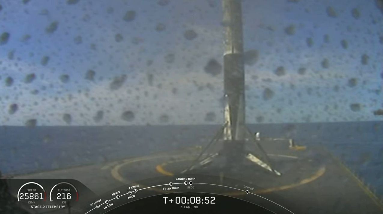 A veteran SpaceX Falcon 9 booster after its fourth landing following the launch of 60 Starlink satellites from Cape Canaveral, Florida on April 22, 2020.