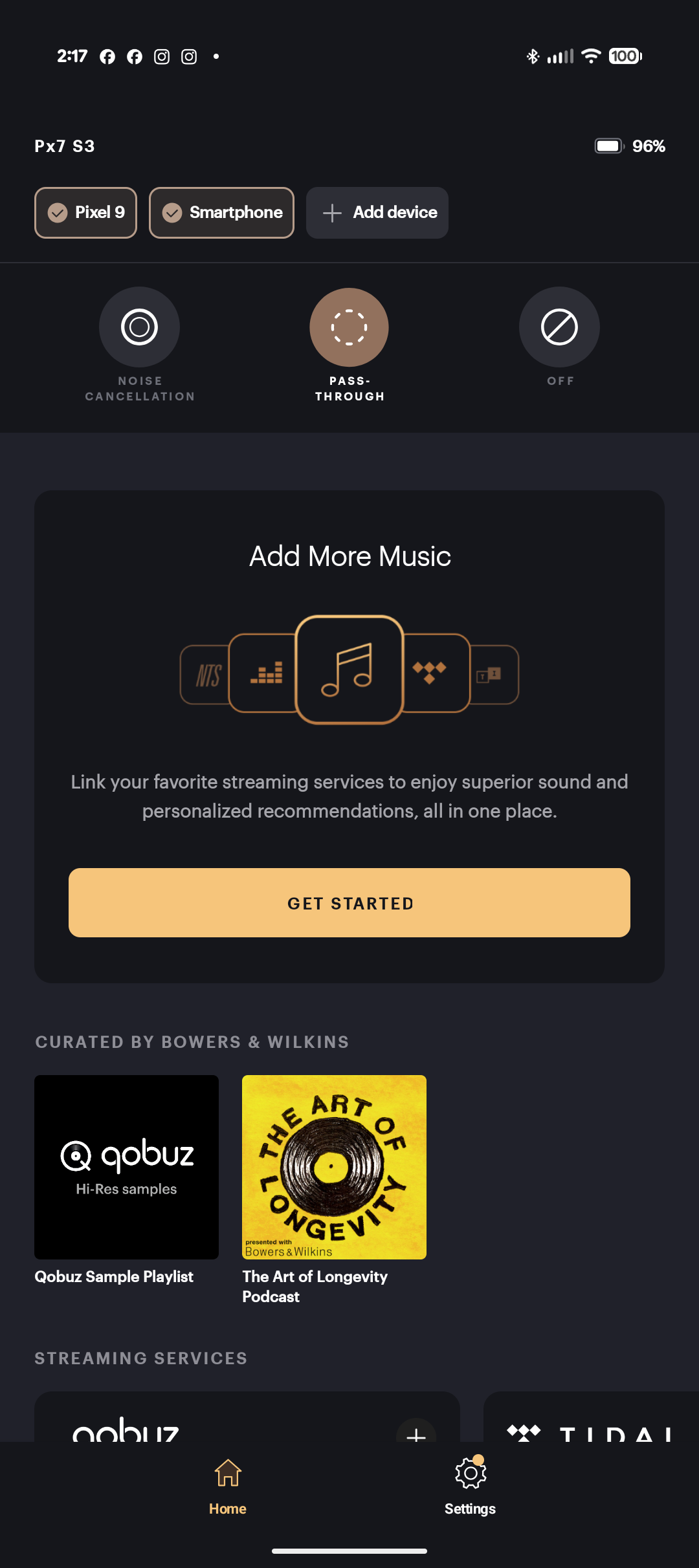 Bowers & Wilkins app home, showing ANC options