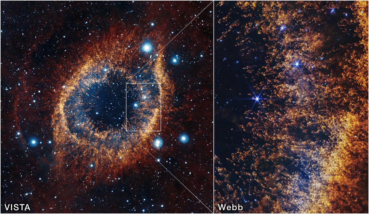 (Left) The Helix Nebula as seen by the Visible and Infrared Telescope for Astronomy. (Right) The smaller field of view from the JWST&amp;rsquo;s NIRCam (right).