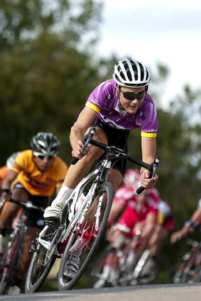 Tour leader James Williamson (Hyster-Total Rush) corners during the 30 lap criterium in Lake Boga.