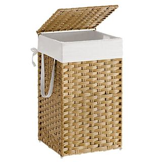 Songmics Laundry Hamper With Lid, 17.2 Gallon (65 L) Synthetic Rattan Clothes Laundry Basket With Lid and Handles, Foldable, Removable Liner, Goose Yellow Ulcb165n01