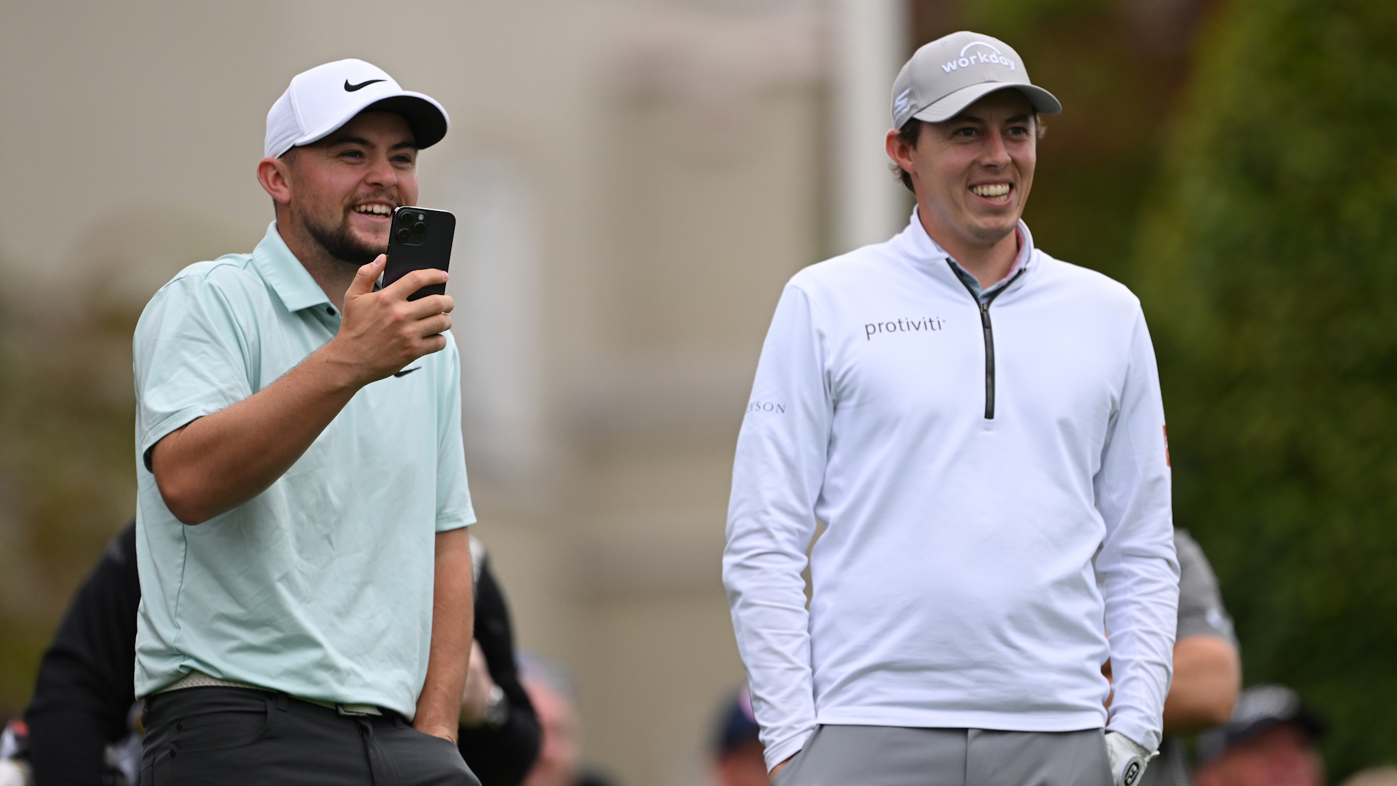 Matt Fitzpatrick of England and brother Alex Fitzpatrick during the Pro-Am prior to the BMW PGA Championship at Wentworth Golf Club on September 13, 2023.