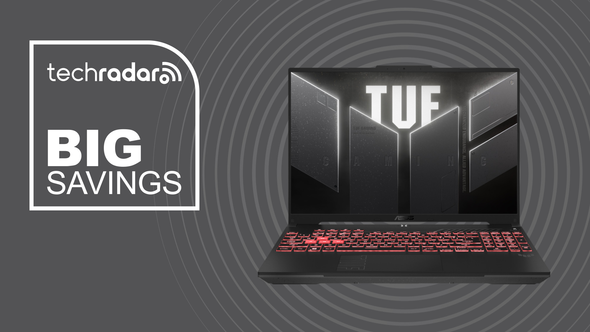 Asus TUF gaming A16 gaming laptop on grey background with big savings text overlay