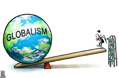 Editorial cartoon World globalization end balance