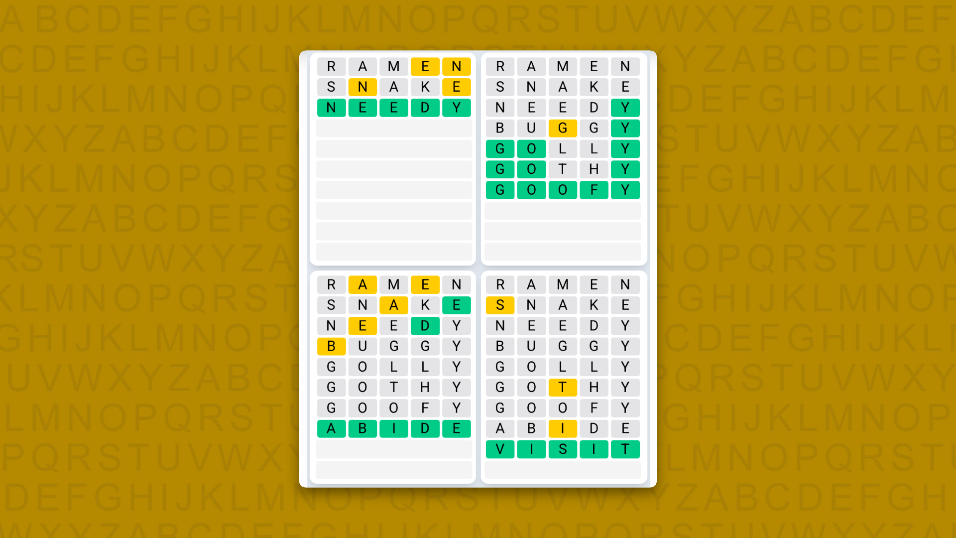 Quordle Daily Sequence answers for game 1634 on a yellow background
