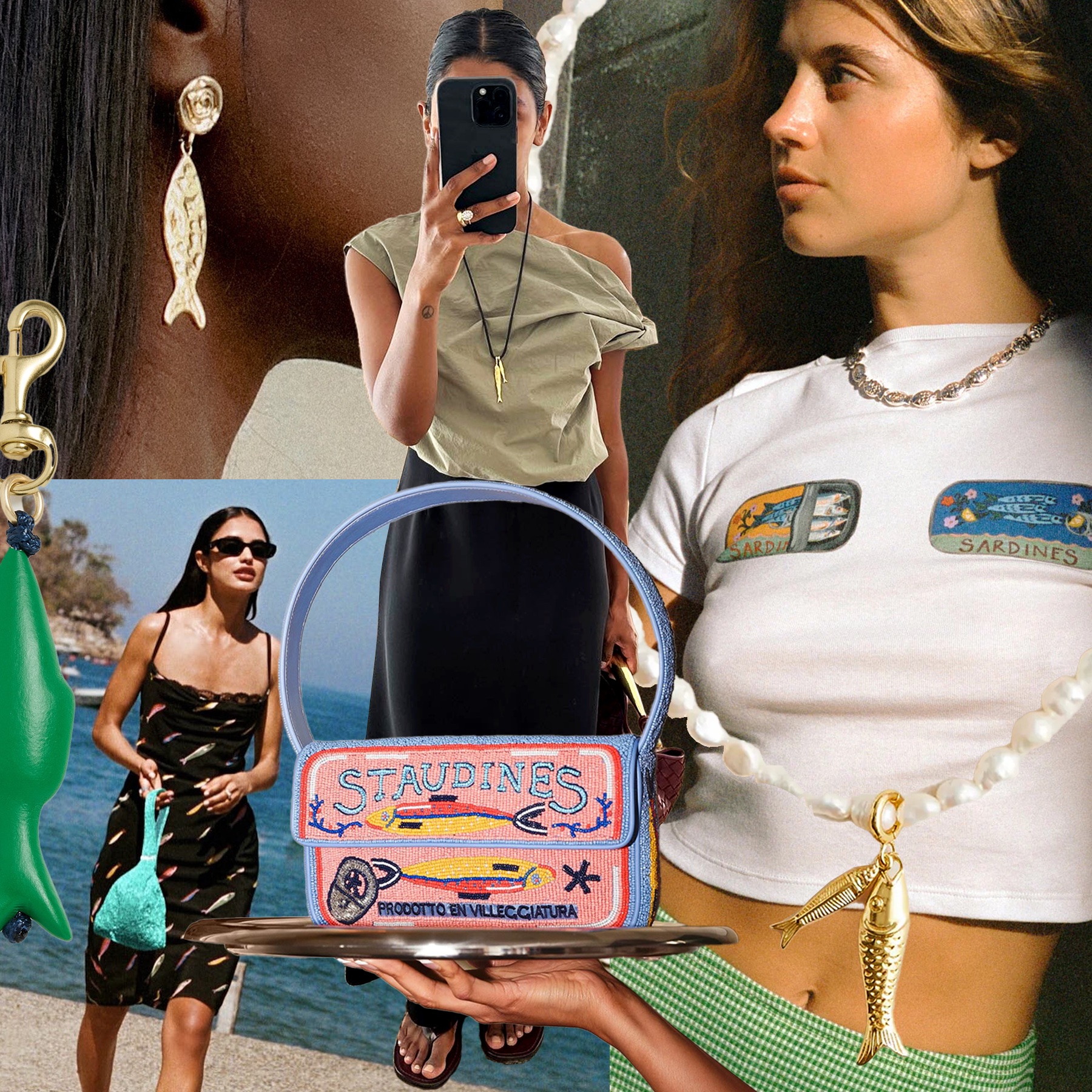 fashion collage of the 2025 summer sardine trend including Staud clothing and bags, a sardine-print tee, sardine keychain, and influencers like Emmanuelle Koffi and Monikh Dale wearing earrings and necklaces, 
