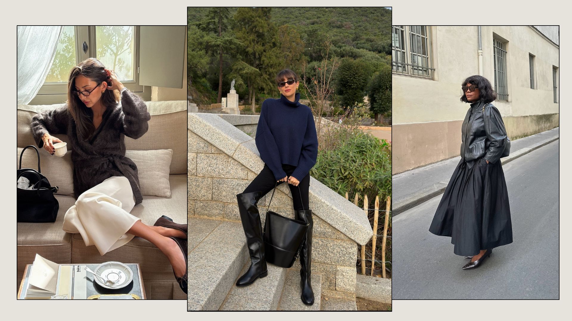 collage of three french women wearing chic outfits