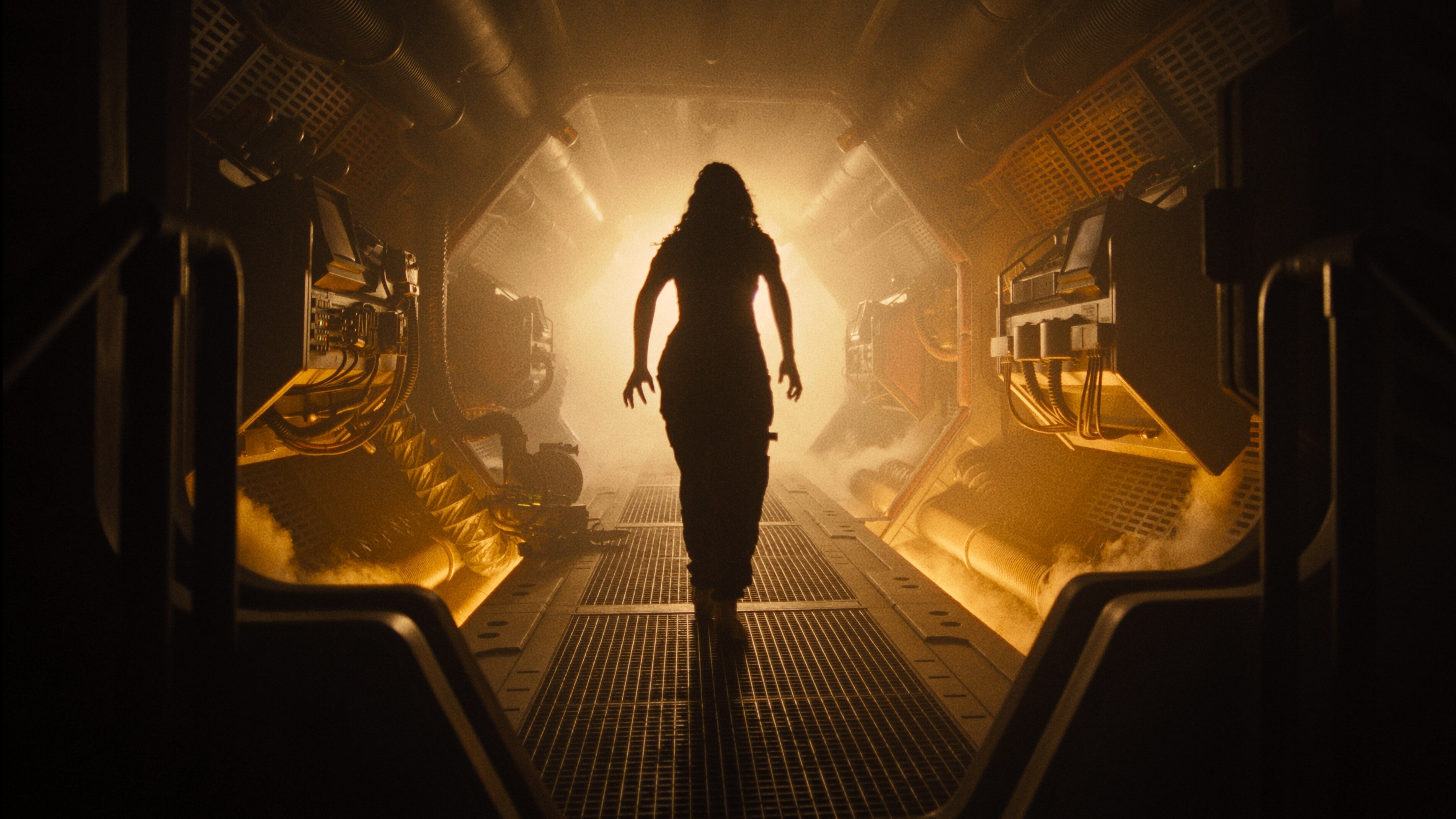 woman stands in the centre of the frame, silhoutetted against a light background