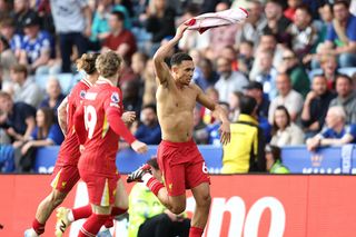 LEICESTER, ENGLAND - APRIL 20: Trent Alexander-Arnold of Liverpool celebrates scoring the opening goal by removing his shirt during the Premier League match between Leicester City FC and Liverpool FC at The King Power Stadium on April 20, 2025 in Leicester, England. (Photo by Charlotte Wilson/Offside/Offside via Getty Images)